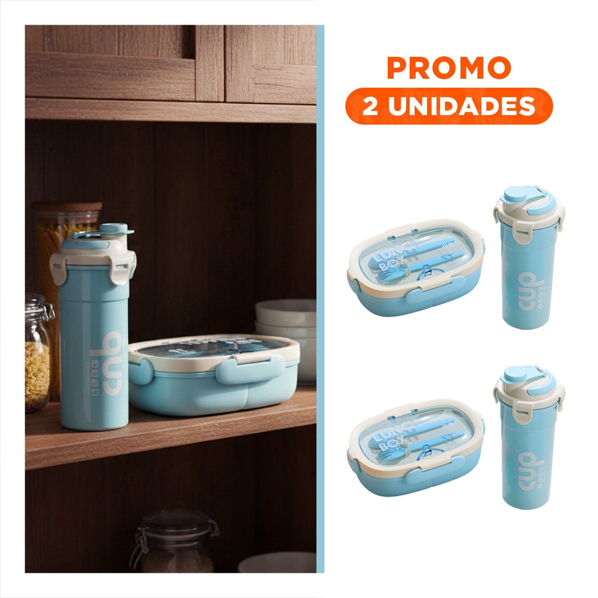 PACK2 LONCHERA 850ML CON CUBIERTOS Y TOMATODO 480ML CELESTE RESISTENTE - 1