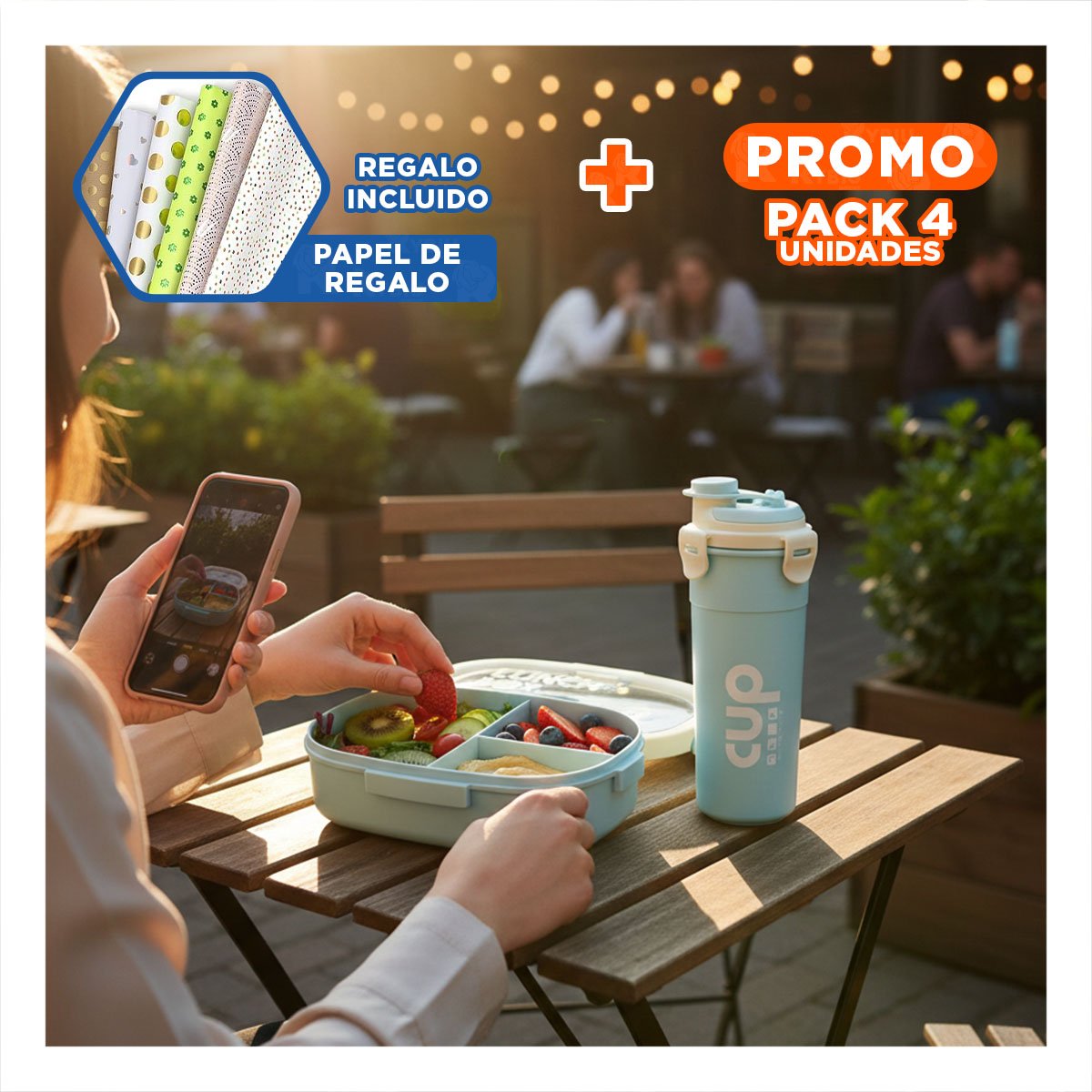 PACK4 ORGANIZADOR 850ML CON CUBIERTOS Y TOMATODO 480ML CELESTE MODERNO Y+PAPEL REGALO - 1