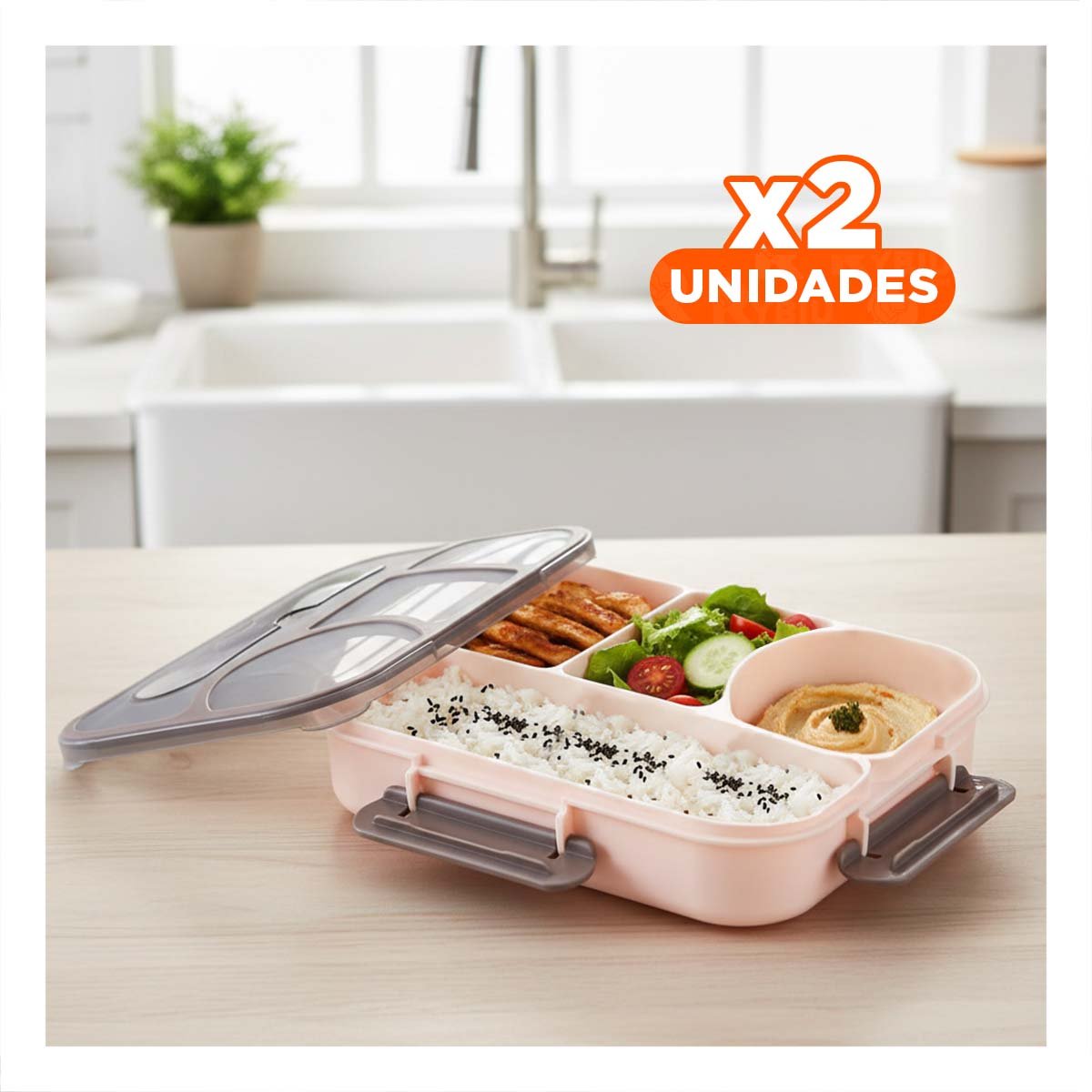 PACK2 LONCHERA RECTANGULAR 4 ESPACIOS CON TENEDOR 1100ML MARRON DURADERO Y+REGALO STICKER - 1