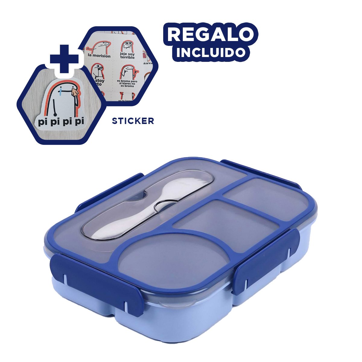 CONTENEDOR RECTANGULAR 4 ESPACIOS CON TENEDOR 1100ML AZUL RESISTENTE EXTRA Y+REGALO STICKER - 1