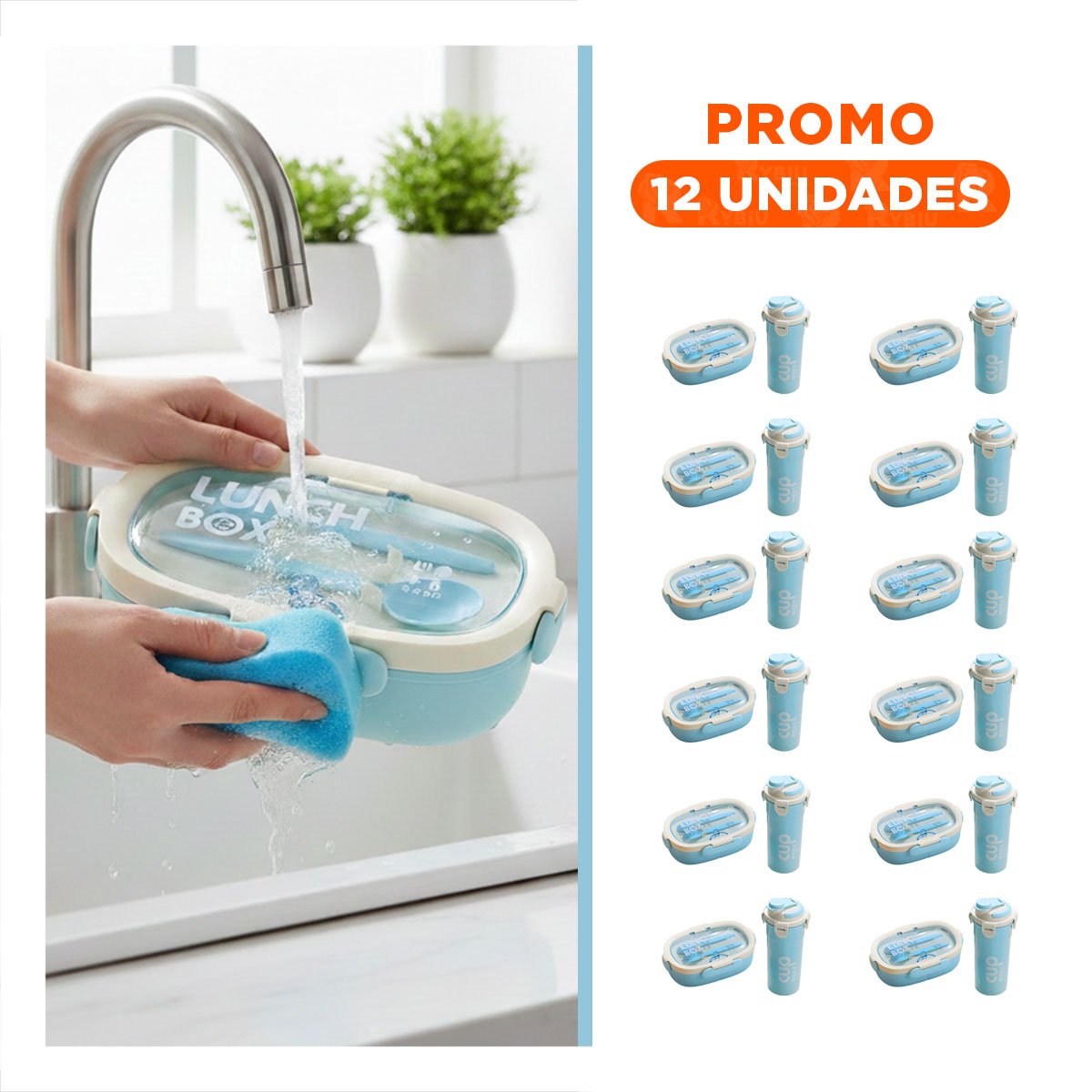 PACK12 PORTACOMIDAS 850ML CON CUBIERTOS Y TOMATODO 480ML CELESTE PRACTICO Y+REGALO STICKER - 1