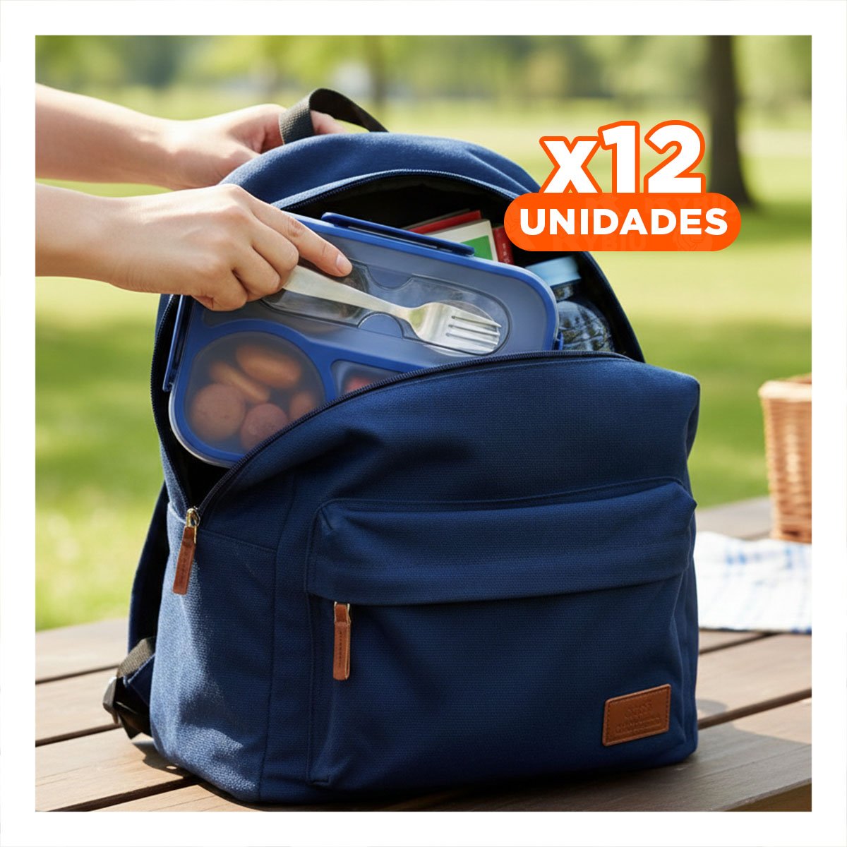 PACK12 PORTACOMIDAS RECTANGULAR 4 ESPACIOS CON TENEDOR 1100ML AZUL MODERNO - 1