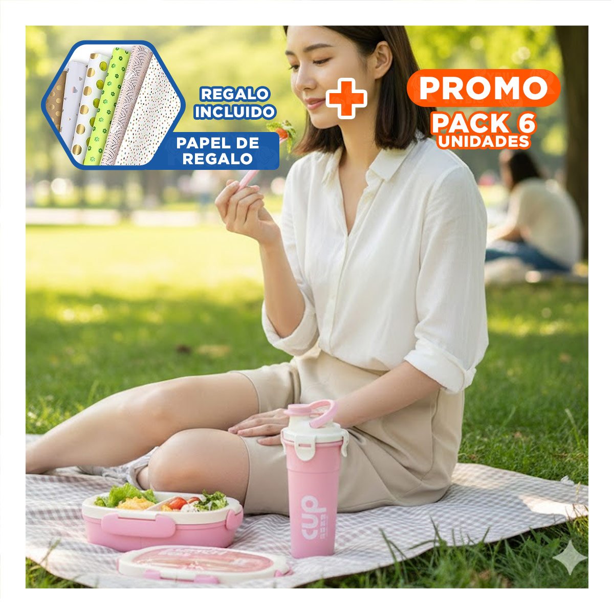 PACK6 SET ALMUERZO 850ML CON CUBIERTOS Y TOMATODO 480ML ROSADO PARA OFICINA Y+PAPEL REGALO - 1