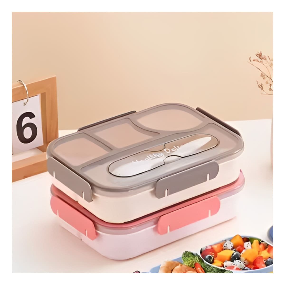 CONTENEDOR RECTANGULAR 4 ESPACIOS CON TENEDOR 1100ML MARRON HERMETICO PLUS - 2
