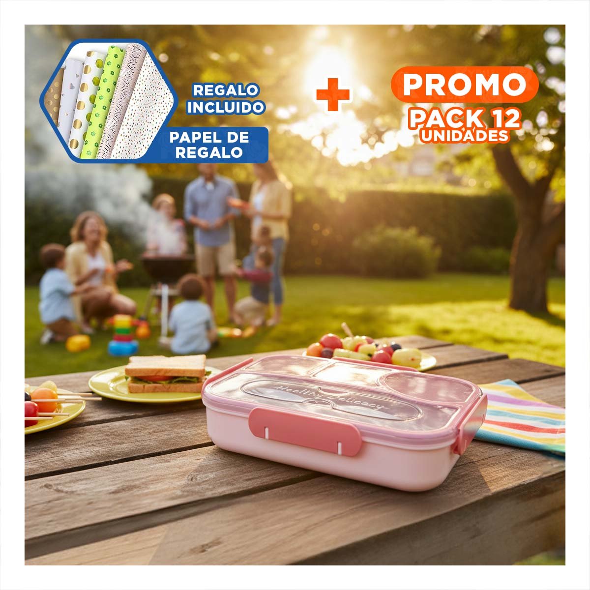PACK12 PORTACOMIDAS RECTANGULAR 4 ESPACIOS CON TENEDOR 1100ML ROSADO RESISTENTE Y+PAPEL REGALO - 1