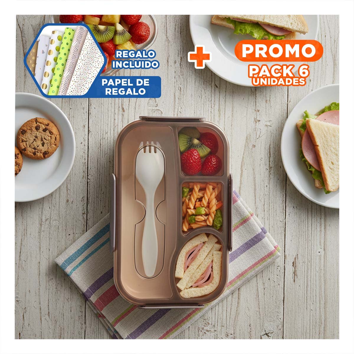 PACK6 ORGANIZADOR RECTANGULAR 4 ESPACIOS CON TENEDOR 1100ML MARRON DURADERO Y+PAPEL REGALO - 1