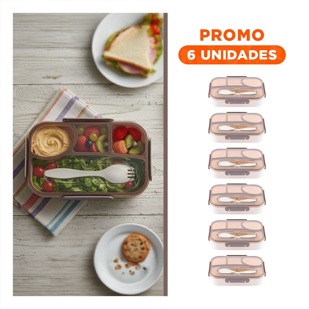 PACK6 ORGANIZADOR RECTANGULAR 4 ESPACIOS CON TENEDOR 1100ML MARRON PRACTICO - 1