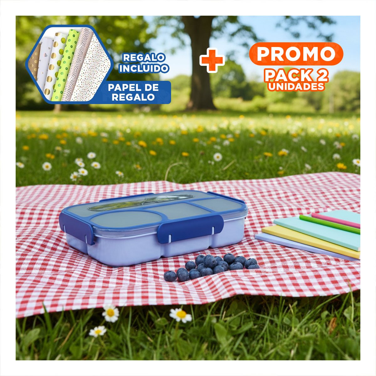 PACK2 LONCHERA RECTANGULAR 4 ESPACIOS CON TENEDOR 1100ML AZUL PRACTICO Y+PAPEL REGALO - 1