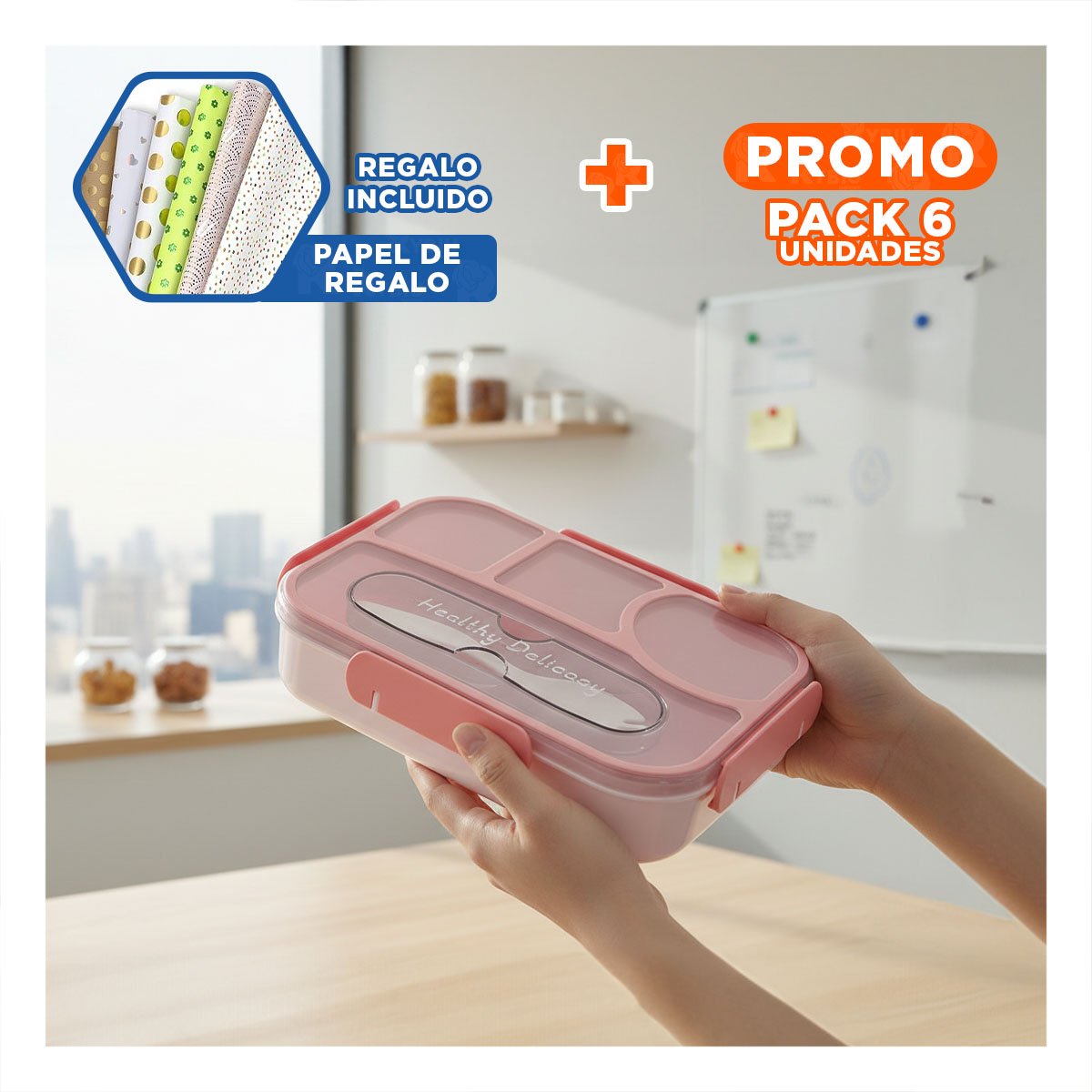 PACK6 ORGANIZADOR RECTANGULAR 4 ESPACIOS CON TENEDOR 1100ML ROSADO DURADERO Y+PAPEL REGALO - 1