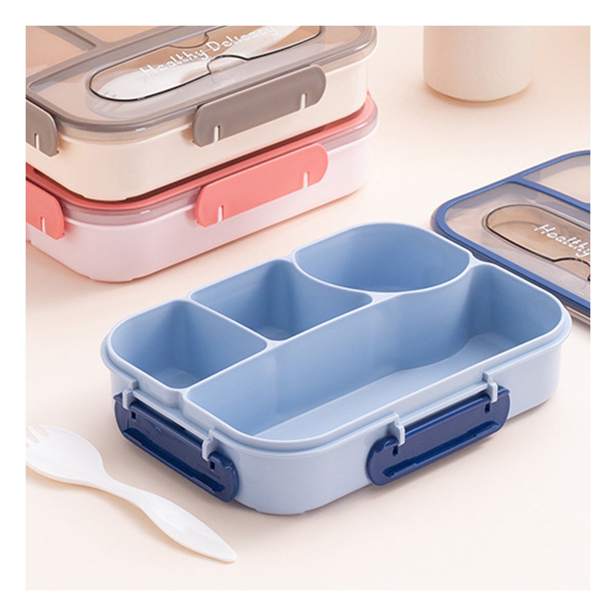 CONTENEDOR RECTANGULAR 4 ESPACIOS CON TENEDOR 1100ML AZUL MODERNO SEGURO Y+PAPEL REGALO - 3