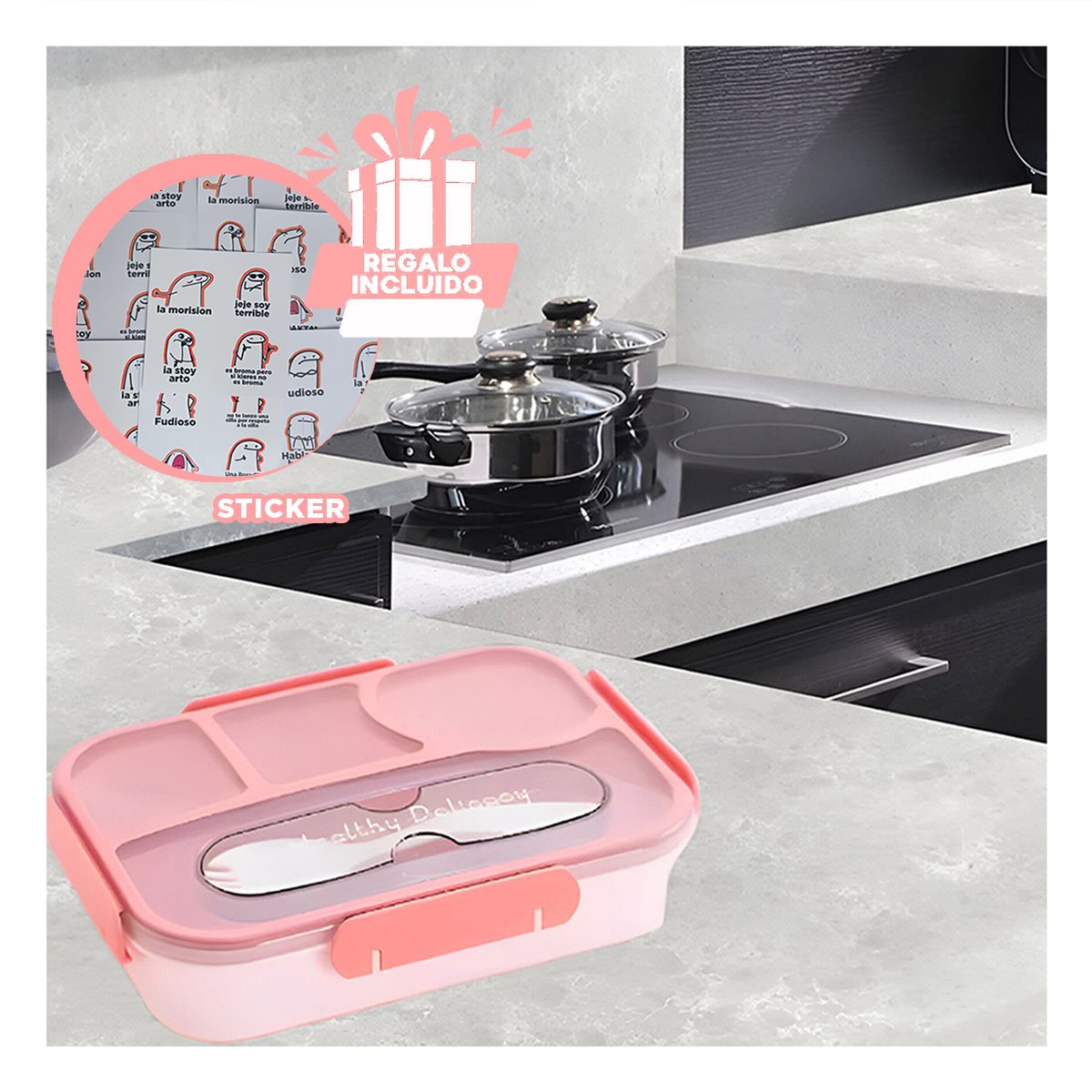 CONTENEDOR RECTANGULAR 4 ESPACIOS CON TENEDOR 1100ML ROSADO RESISTENTE Y+REGALO STICKER - 1