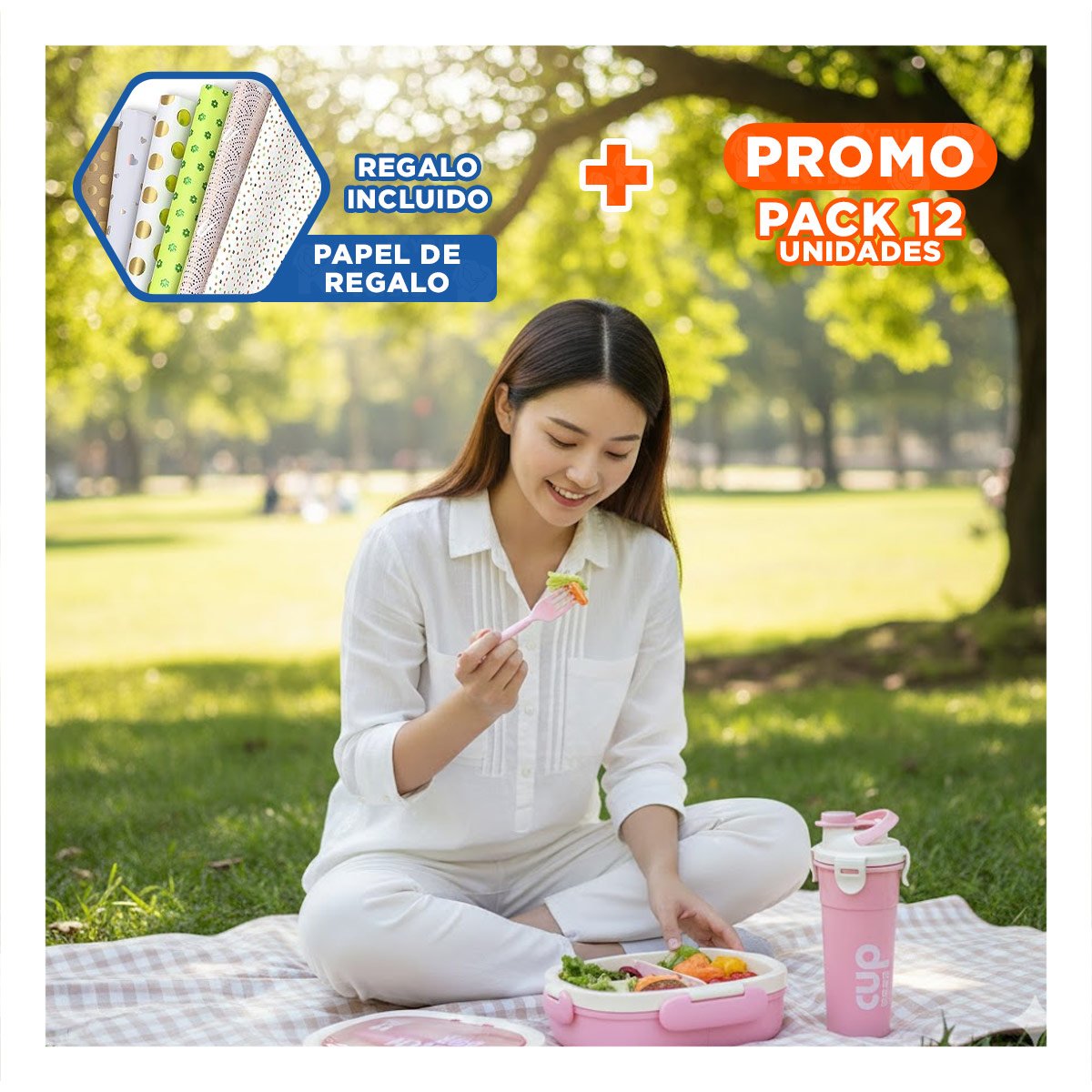 PACK12 KIT ALMUERZO 850ML CON CUBIERTOS Y TOMATODO 480ML ROSADO PARA TRABAJO Y+PAPEL REGALO - 1