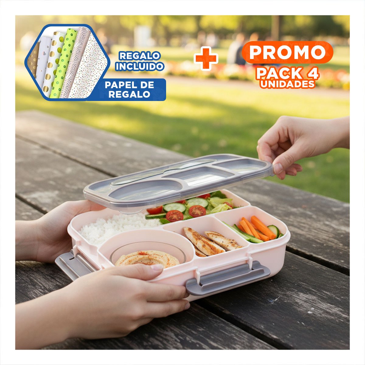PACK4 ORGANIZADOR RECTANGULAR 4 ESPACIOS CON TENEDOR 1100ML MARRON MODERNO Y+PAPEL REGALO - 1