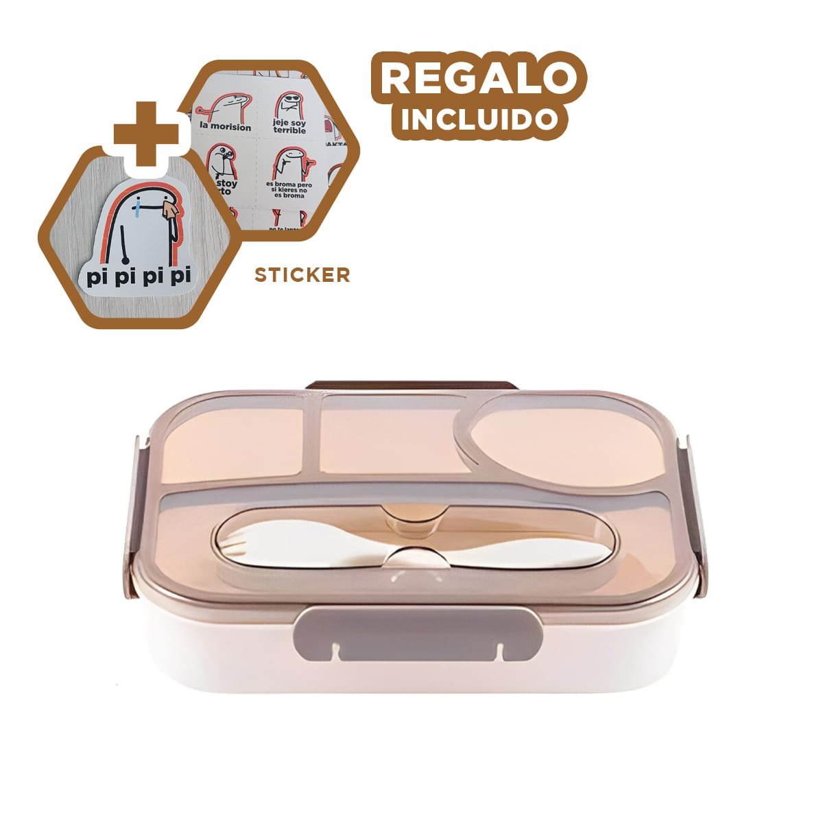 CONTENEDOR RECTANGULAR 4 ESPACIOS CON TENEDOR 1100ML MARRON RESISTENTE EXTRA Y+REGALO STICKER - 1