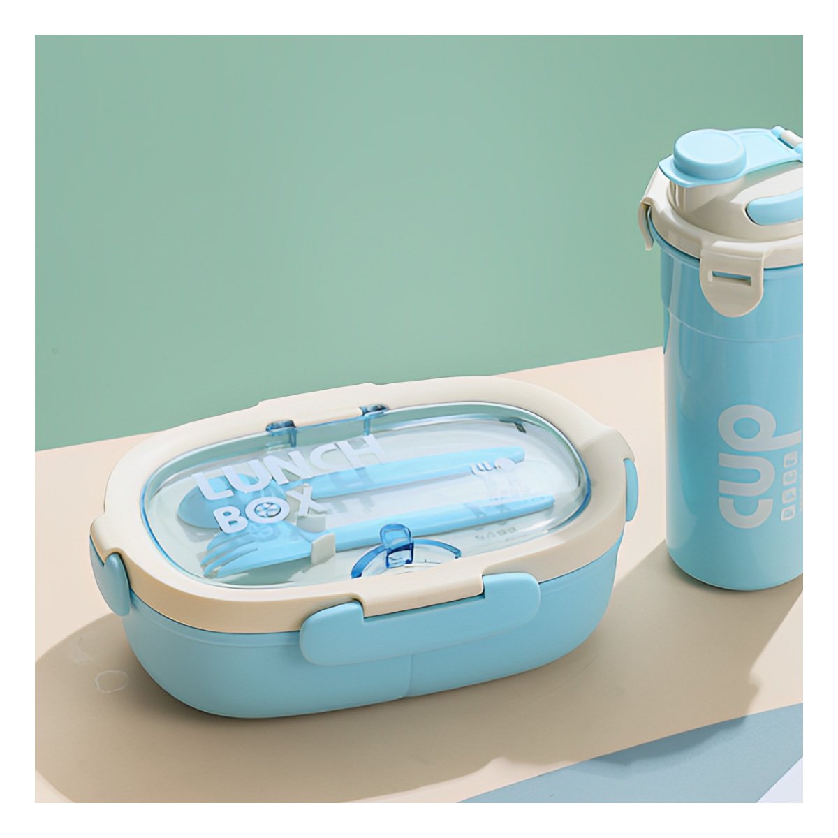 CONTENEDOR 850ML CON CUBIERTOS Y TOMATODO 480ML CELESTE PRACTICO COMODO Y+LIGAS REGALO - 1