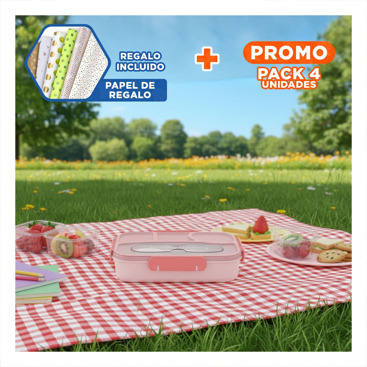 PACK4 ORGANIZADOR RECTANGULAR 4 ESPACIOS CON TENEDOR 1100ML ROSADO MODERNO Y+PAPEL REGALO - 1