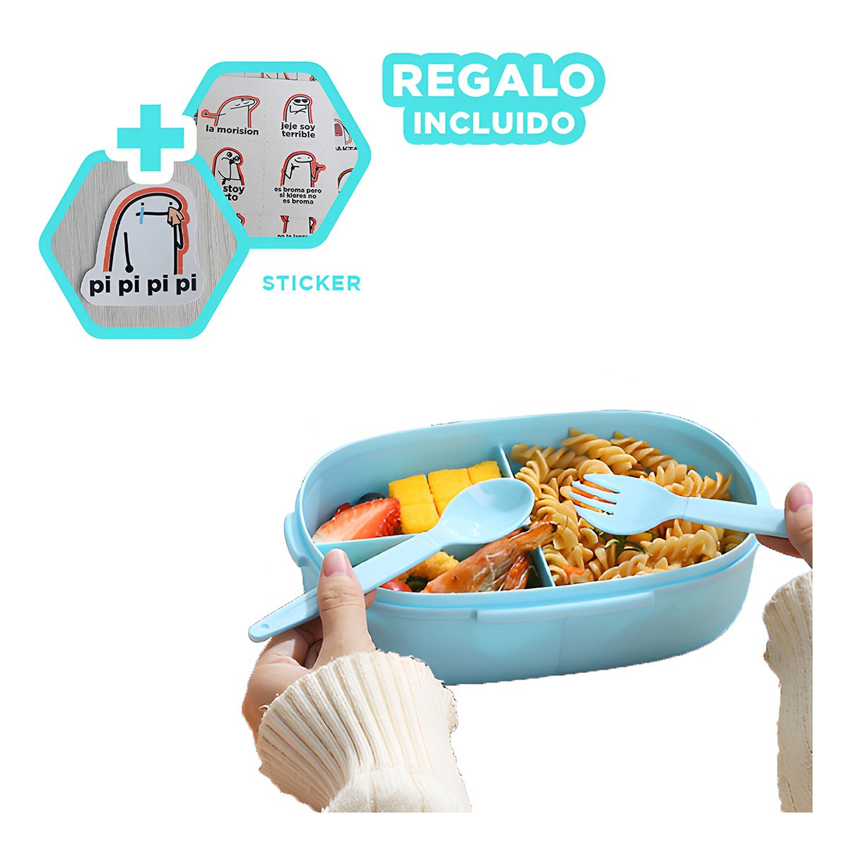 CONTENEDOR 850ML CON CUBIERTOS Y TOMATODO 480ML CELESTE RESISTENTE EXTRA Y+REGALO STICKER - 1