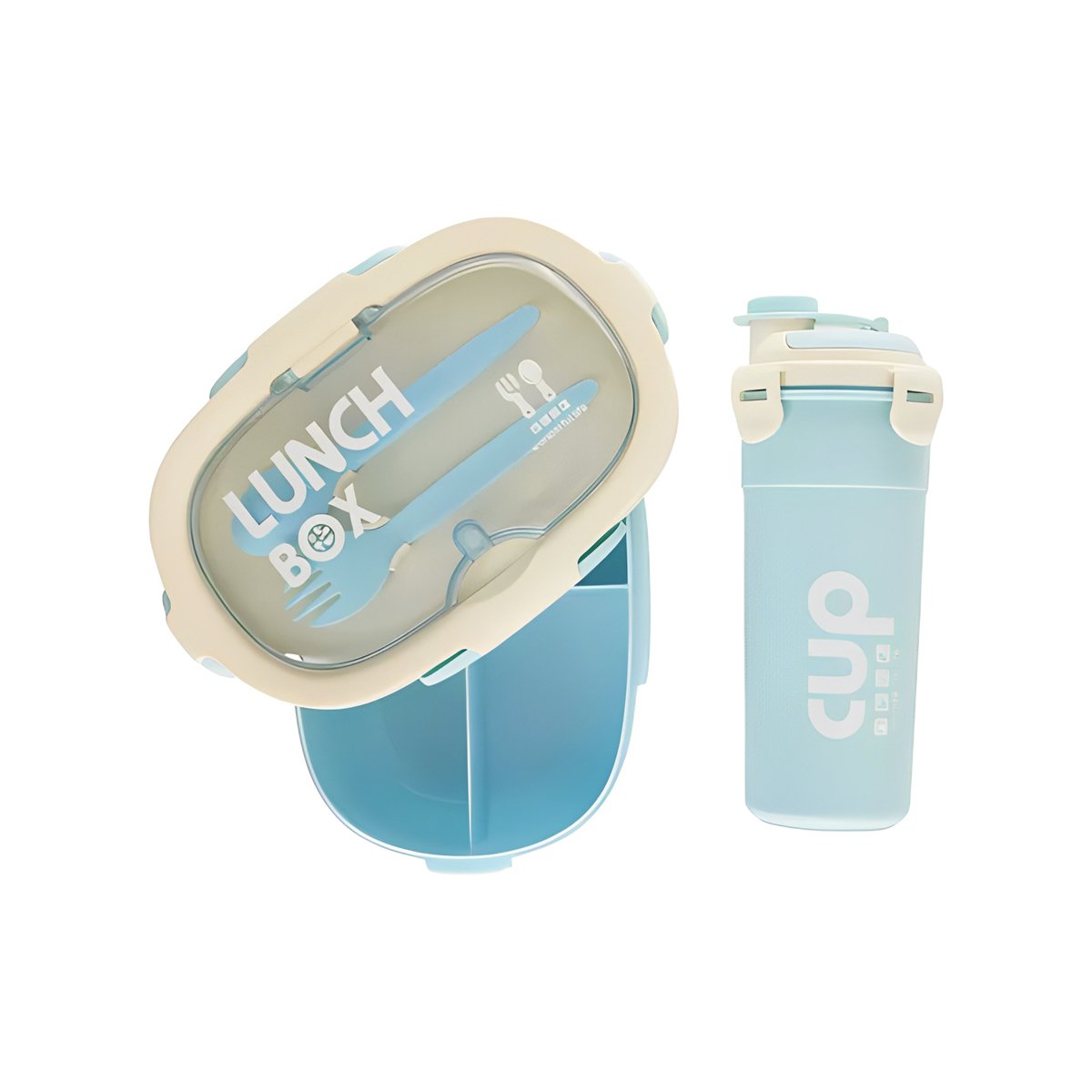 CONTENEDOR 850ML CON CUBIERTOS Y TOMATODO 480ML CELESTE RESISTENTE EXTRA Y+REGALO STICKER - 3
