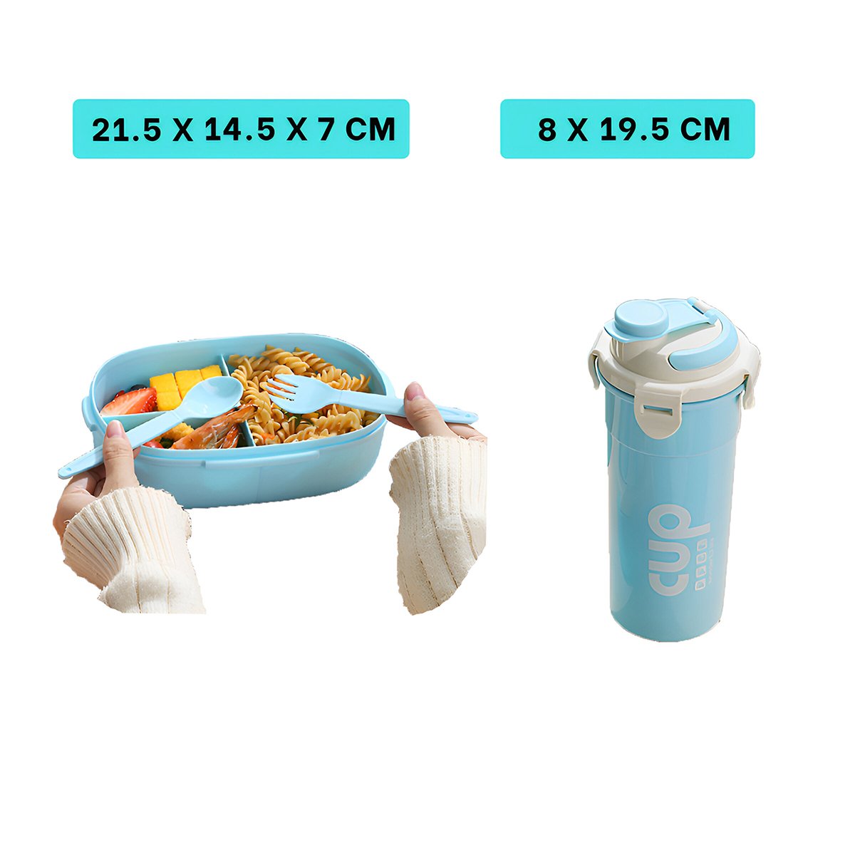 CONTENEDOR 850ML CON CUBIERTOS Y TOMATODO 480ML CELESTE RESISTENTE EXTRA Y+REGALO STICKER - 4