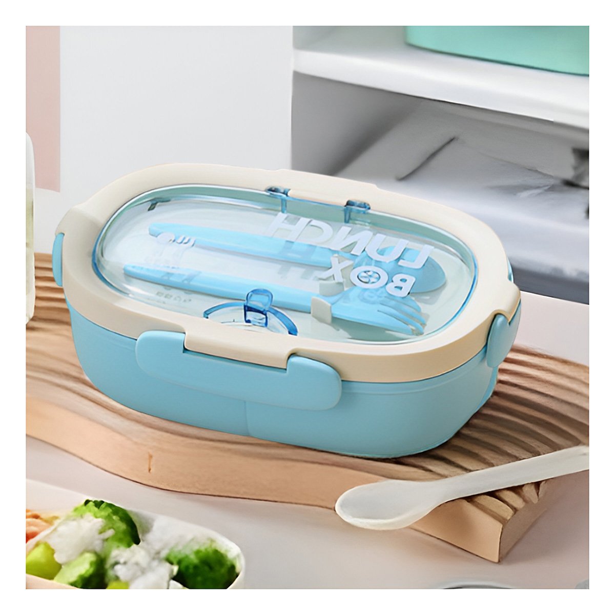 CONTENEDOR 850ML CON CUBIERTOS Y TOMATODO 480ML CELESTE RESISTENTE EXTRA Y+REGALO STICKER - 5