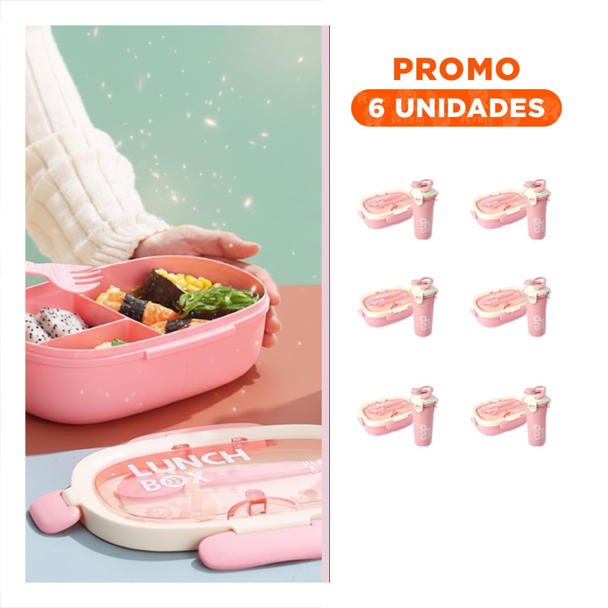 PACK6 SET ALMUERZO 850ML CON CUBIERTOS Y TOMATODO 480ML ROSADO PARA ESTUDIO - 1