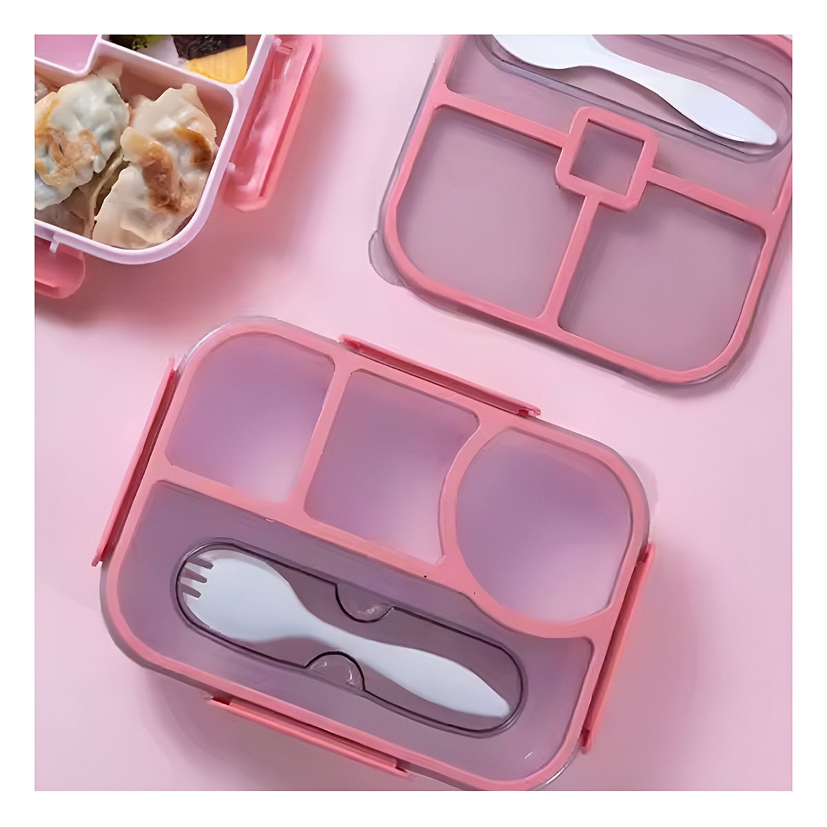 CONTENEDOR RECTANGULAR 4 ESPACIOS CON TENEDOR 1100ML COLOR ROSADO HERMETICO - 1