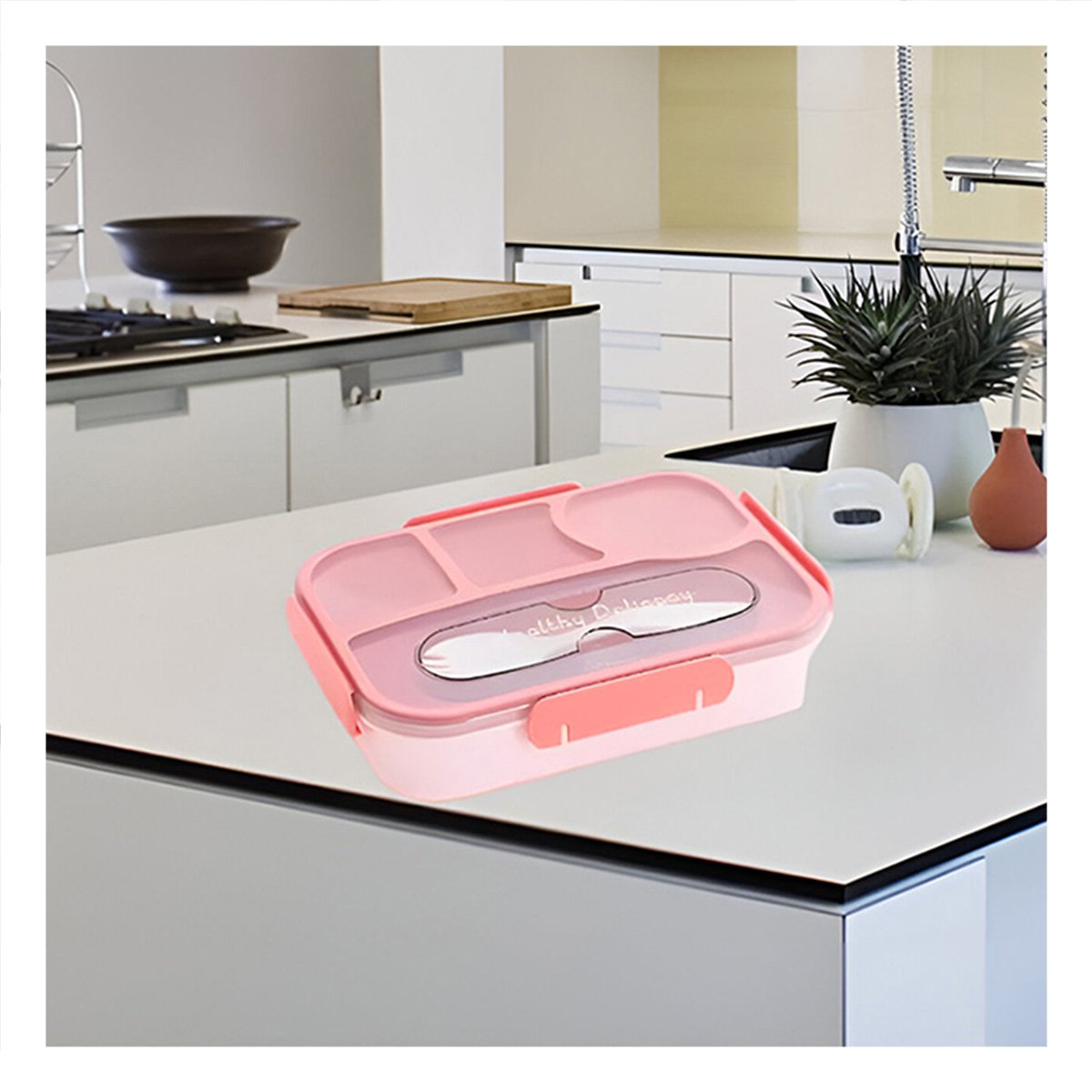 CONTENEDOR RECTANGULAR 4 ESPACIOS CON TENEDOR 1100ML COLOR ROSADO HERMETICO - 2