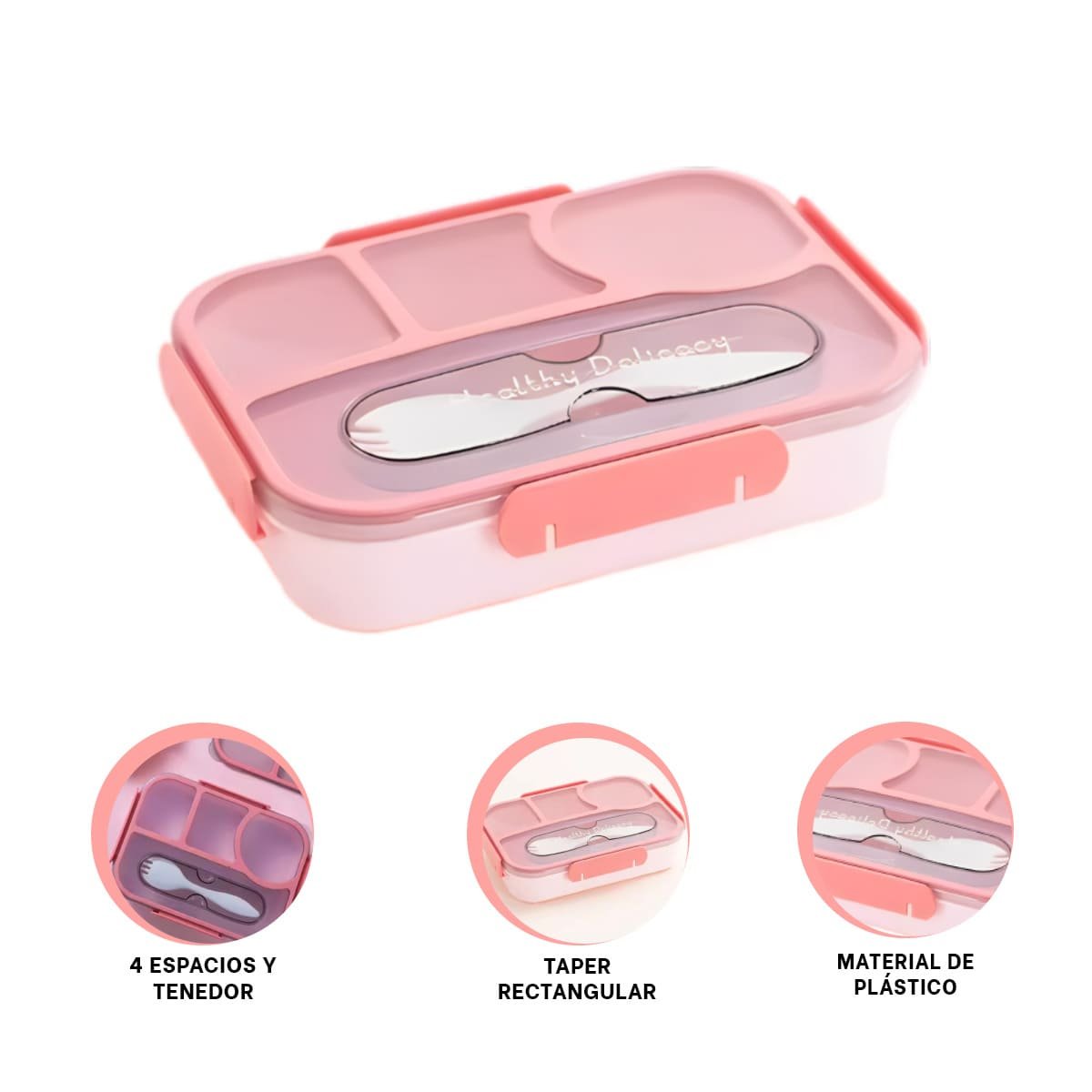 CONTENEDOR RECTANGULAR 4 ESPACIOS CON TENEDOR 1100ML COLOR ROSADO HERMETICO - 3