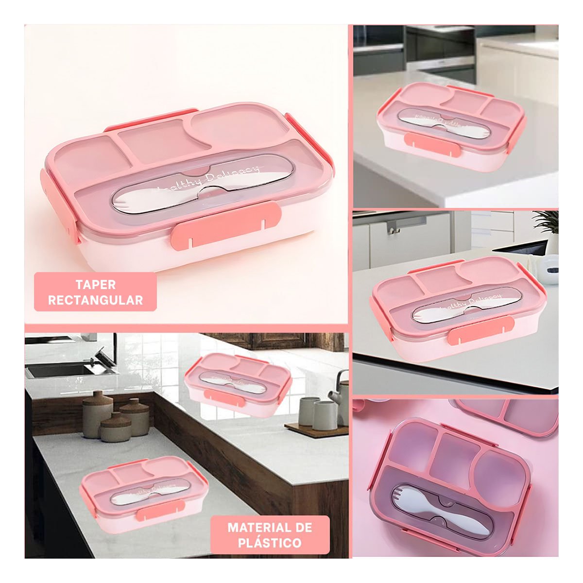 CONTENEDOR RECTANGULAR 4 ESPACIOS CON TENEDOR 1100ML COLOR ROSADO HERMETICO - 5