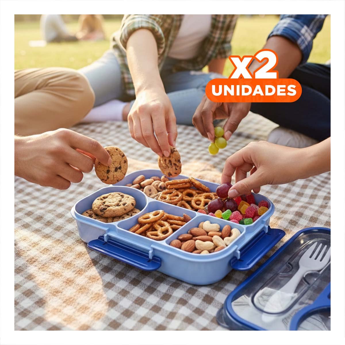 PACK2 LONCHERA RECTANGULAR 4 ESPACIOS CON TENEDOR 1100ML AZUL DURADERO Y+REGALO STICKER - 1