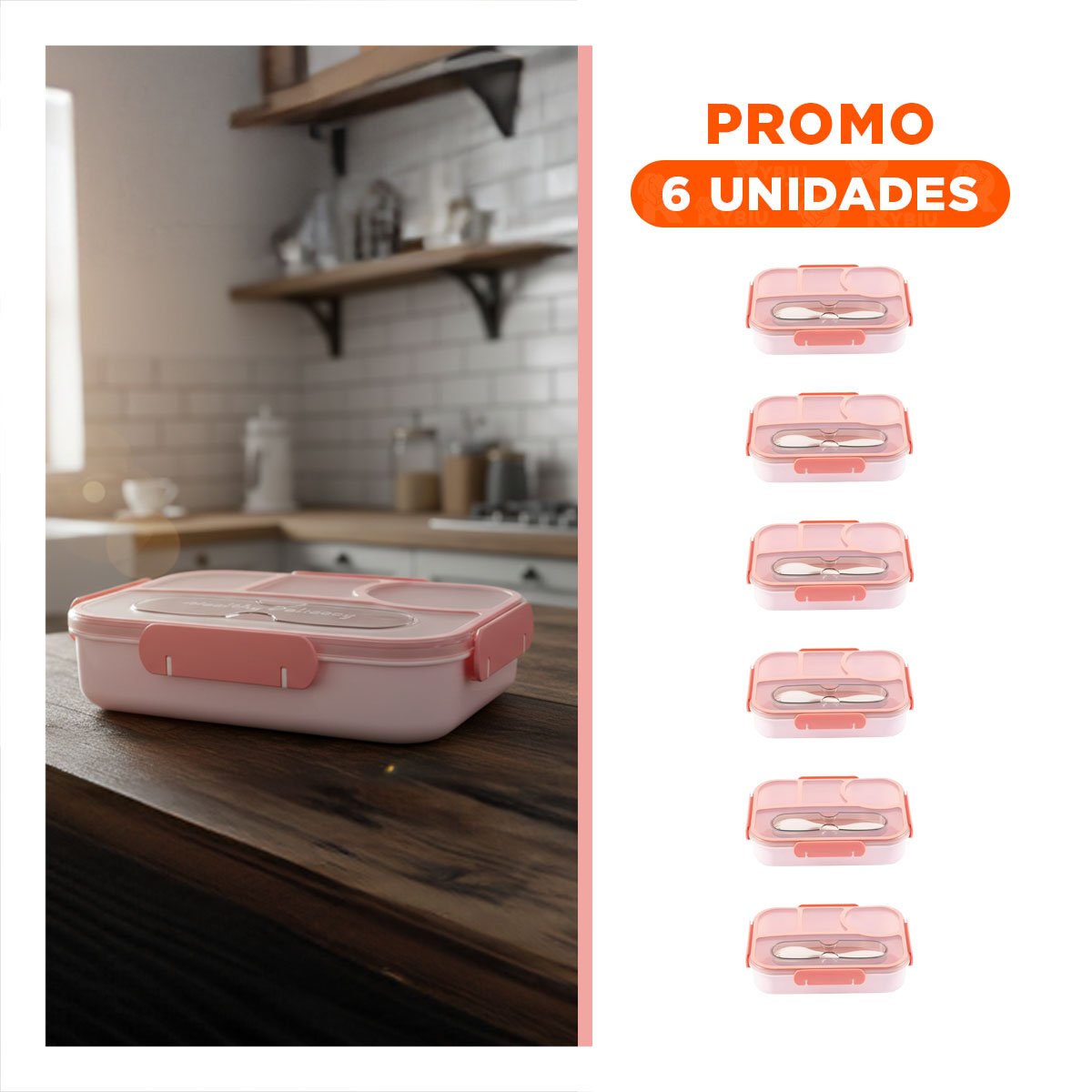 PACK6 ORGANIZADOR RECTANGULAR 4 ESPACIOS CON TENEDOR 1100ML ROSADO PRACTICO - 1