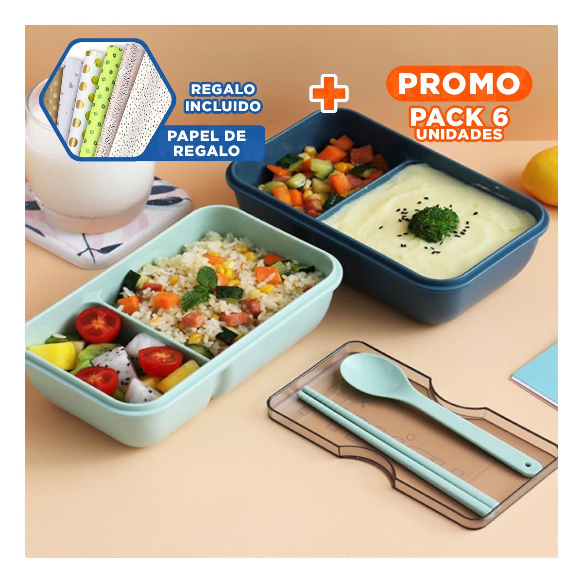 PACK6 POTE PORTÁTIL 850ML CON CUBIERTOS VERDE PARA COMIDAS FAMILIARES Y PICNIC Y+PAPEL REGALO - 1