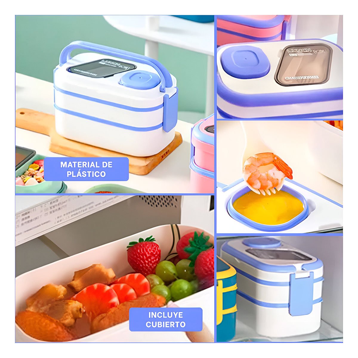 RECIPIENTE 2 PISOS CON COMPARTIMIENTOS Y CUBIERTOS LILA Y BLANCO PARA ALMUEZO Y+POST IT - 1