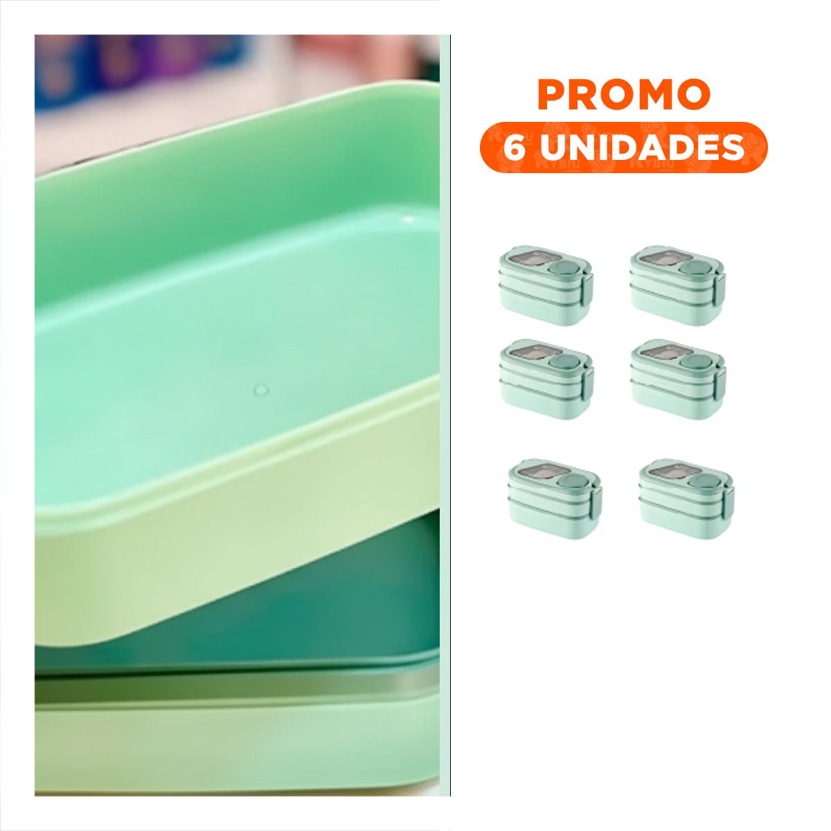 PACK6 SET ALMUERZO 2 PISOS CON COMPARTIMIENTOS Y CUBIERTOS VERDE TRANSPORTE COMIDA - 1