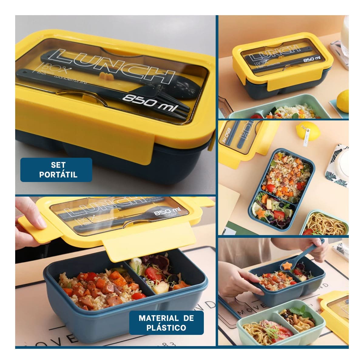 ENVASE COMPACTO 850ML CON CUBIERTOS AZUL Y AMARILLO PARA COCINA Y OFICINA - 5
