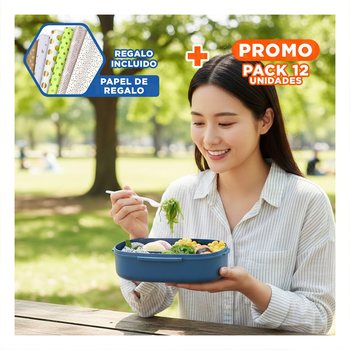 PACK12 PORTA COMIDA 850ML CON CUBIERTOS AZUL PARA GUARDAR SNACKS FACIL Y+PAPEL REGALO - 1