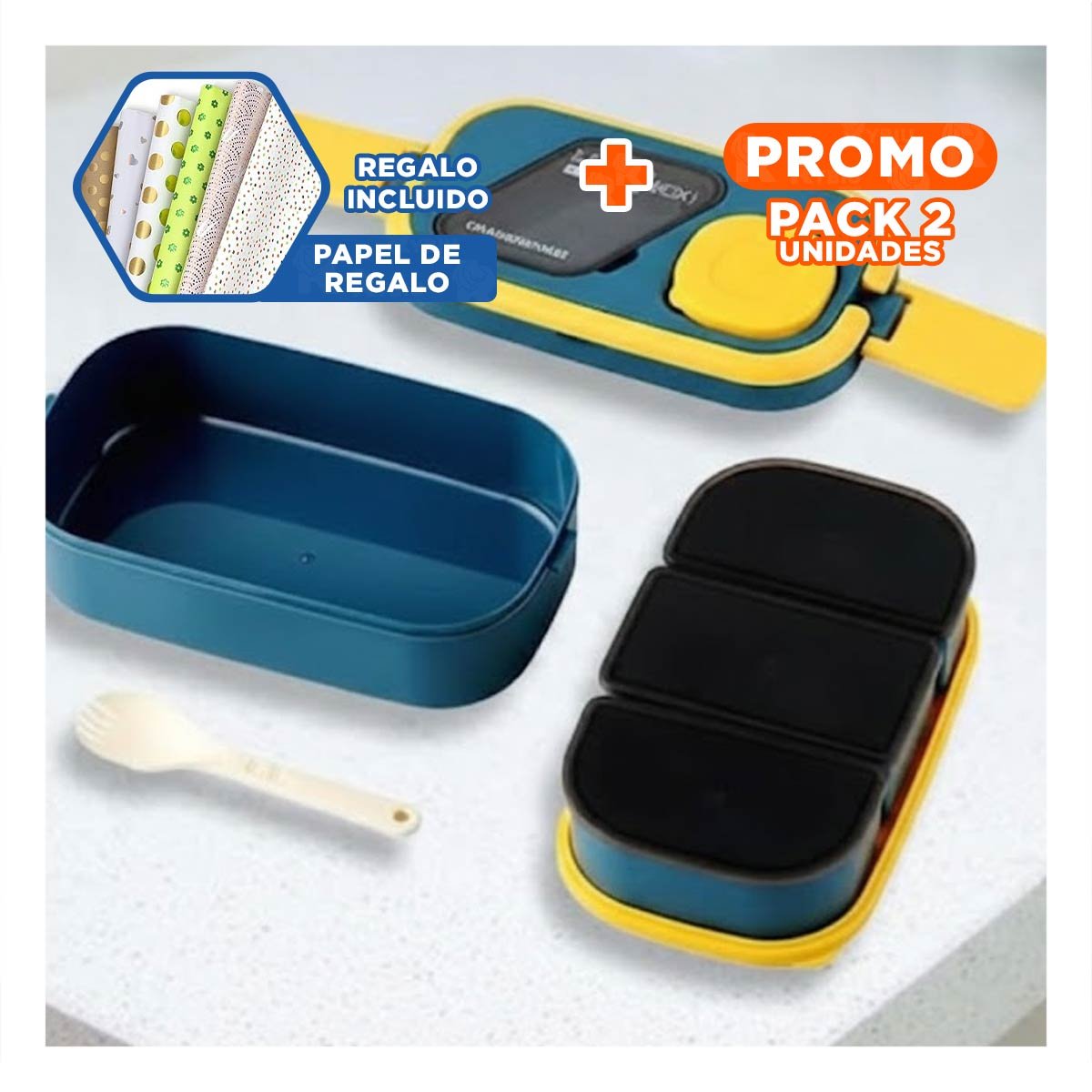 PACK2 BOTE PRÁCTICO 2 PISOS CON SEPARADORES AZUL Y AMARILLO PARA COMIDA Y+PAPEL REGALO - 1