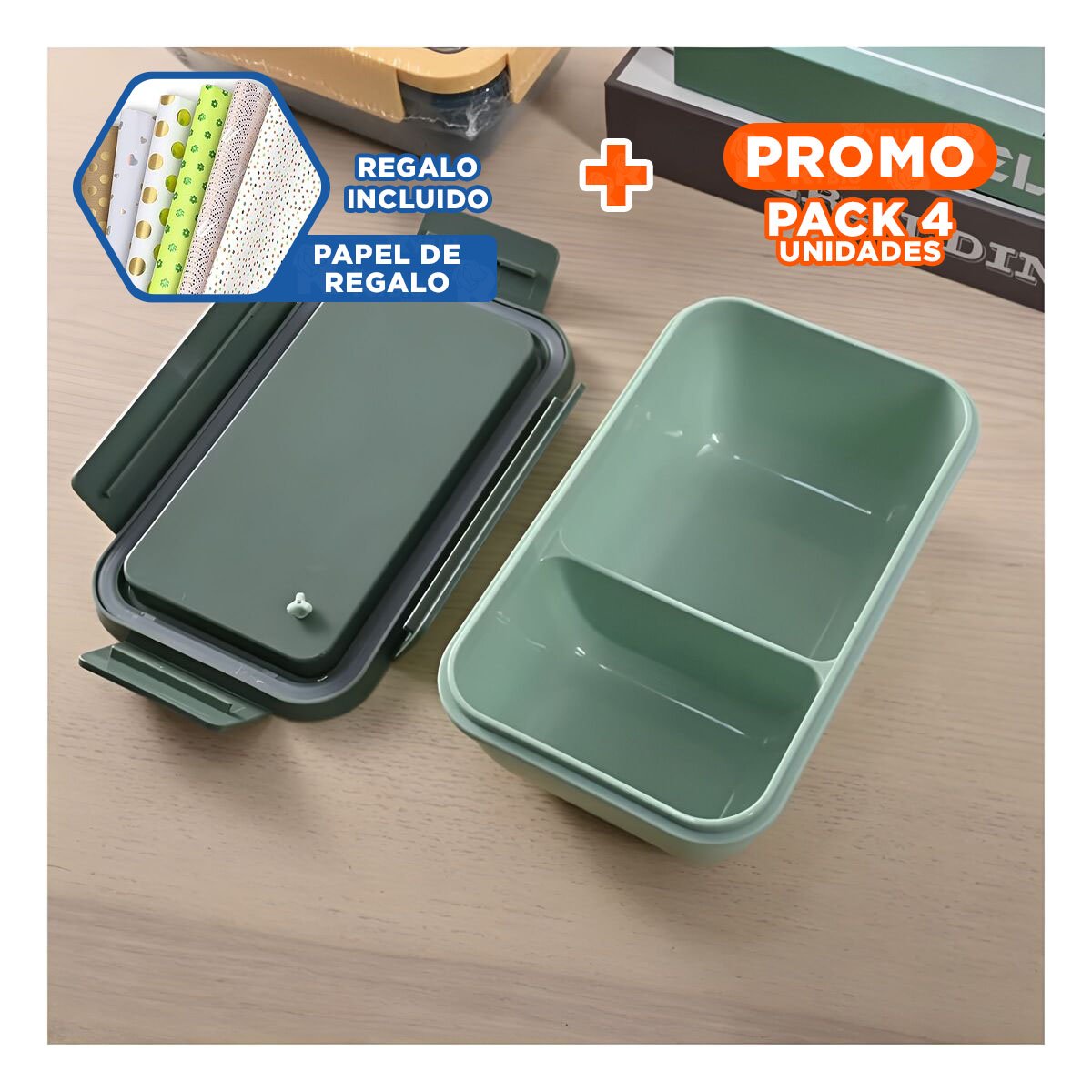 PACK4 POTE COMPACTO 850ML CON CUBIERTOS VERDE PARA COCINA Y GUARDAR ALIMENTOS Y+PAPEL REGALO - 1