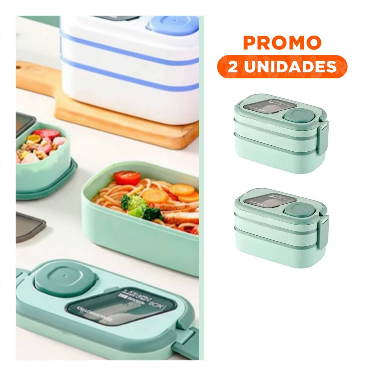 PACK2 CAJA ALMUERZO 2 PISOS CON COMPARTIMIENTOS Y CUBIERTOS VERDE GUARDAR SNACKS - 1
