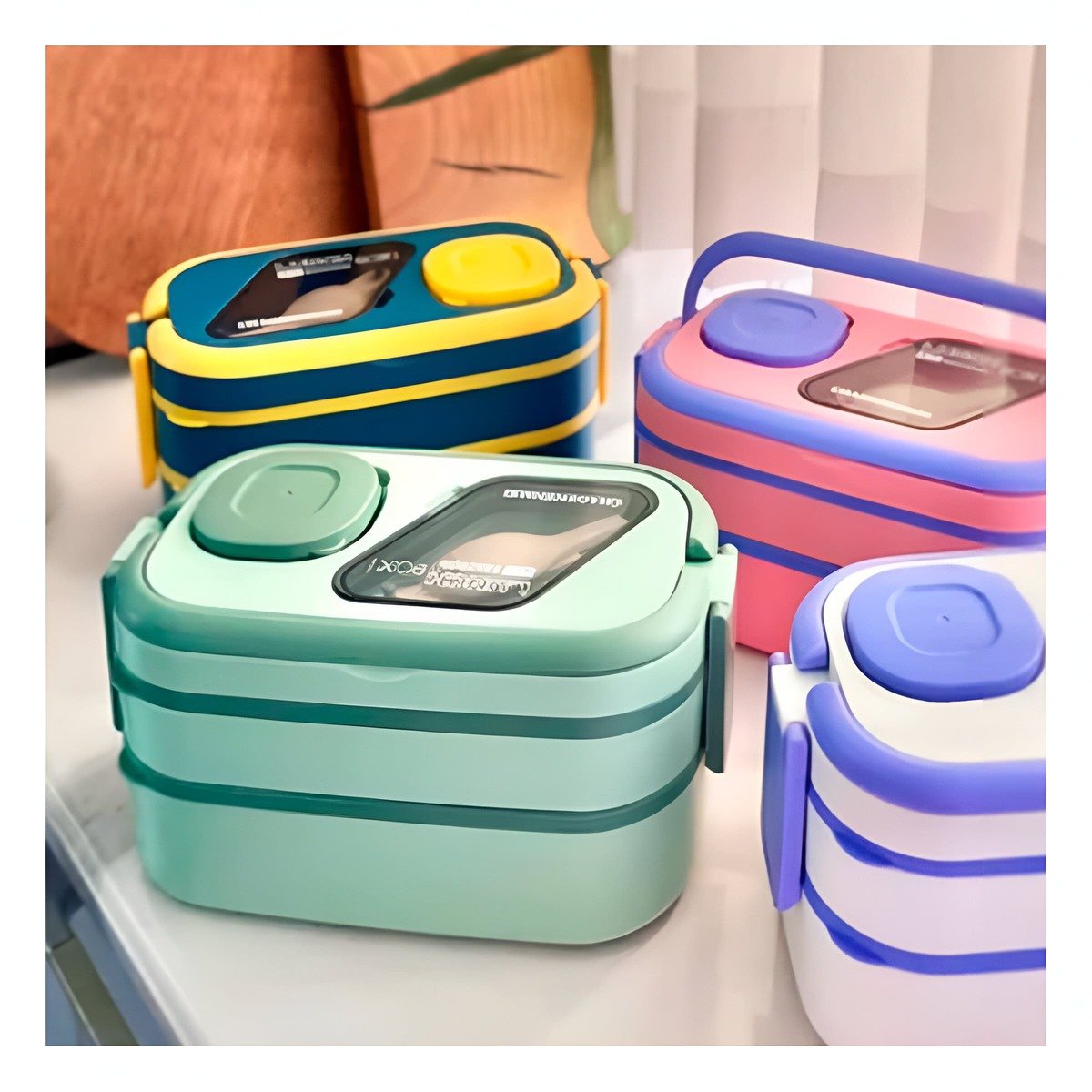 PACK2 CAJA ALMUERZO 2 PISOS CON COMPARTIMIENTOS Y CUBIERTOS VERDE GUARDAR SNACKS - 3
