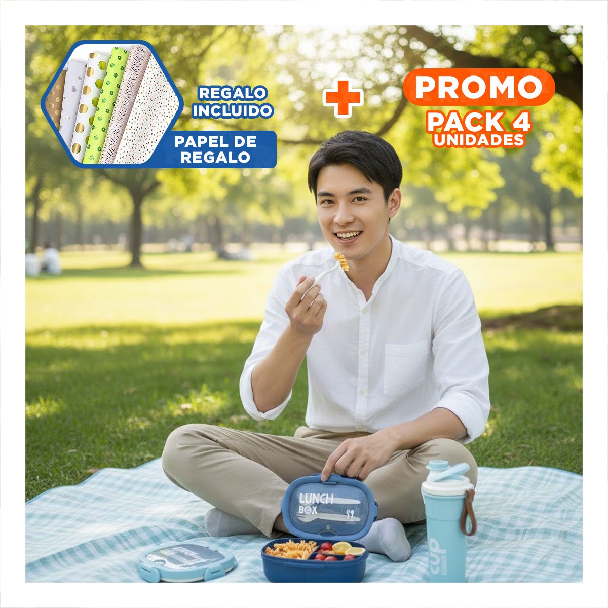 PACK4 ENVASE 850ML CON CUBIERTOS AZUL PARA LLEVAR ALMUERZOS FACIL EN CASA Y+PAPEL REGALO - 1