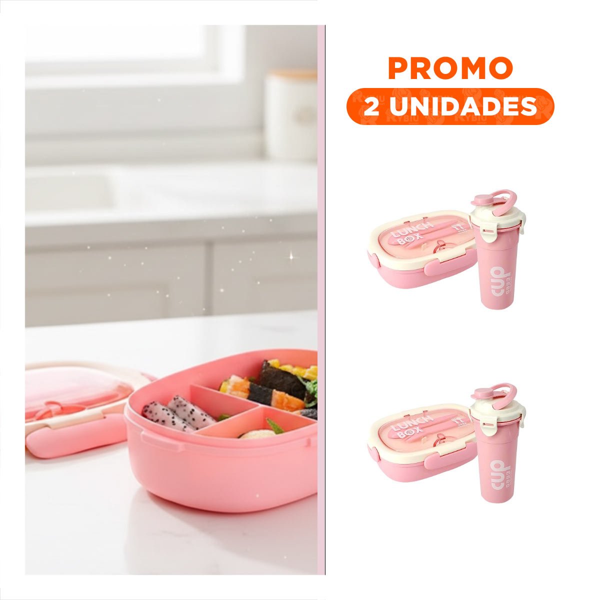 PACK2 CAJA ALMUERZO 850ML CON CUBIERTOS Y TOMATODO 480ML ROSADO PARA TRABAJO - 1