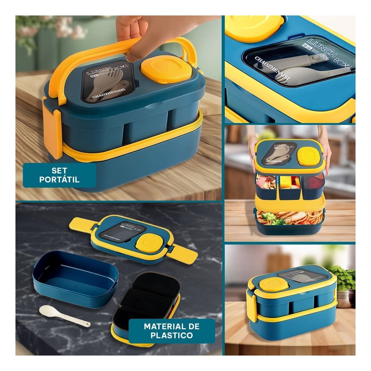ENVASE DOBLE PISO CON COMPARTIMIENTOS Y CUBIERTOS AZUL Y AMARILLO PARA HOGAR - 5