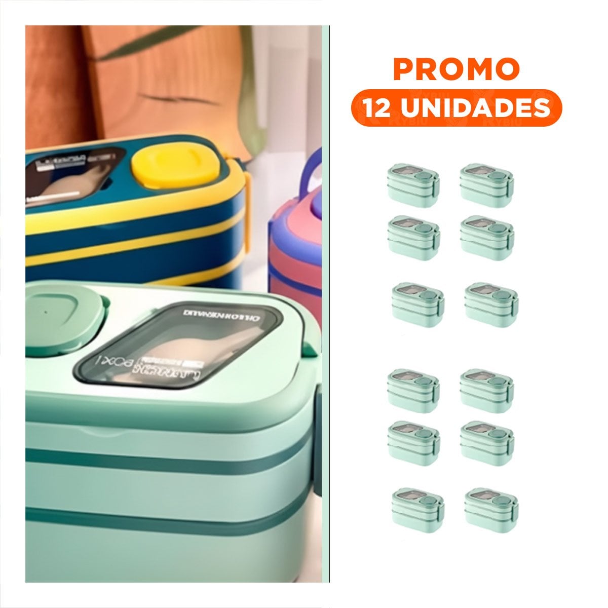 PACK12 KIT ALMUERZO 2 PISOS CON COMPARTIMIENTOS Y CUBIERTOS VERDE PARA COMIDA Y+REGALO STICKER - 1