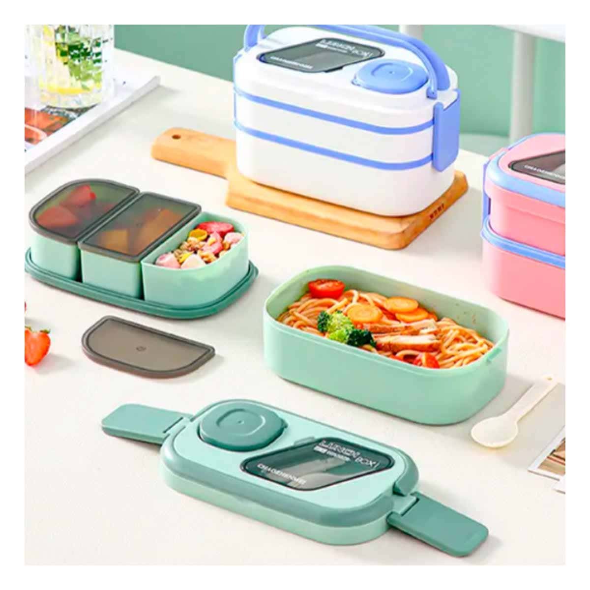 PACK12 KIT ALMUERZO 2 PISOS CON COMPARTIMIENTOS Y CUBIERTOS VERDE PARA COMIDA Y+REGALO STICKER - 5