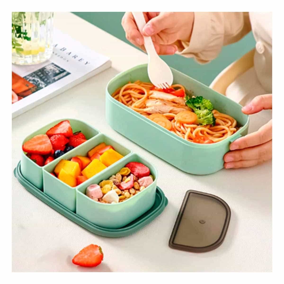 RECIPIENTE 2 PISOS CON COMPARTIMIENTOS Y CUBIERTOS VERDE LLEVAR ALMUERZOS Y+PAPEL REGALO - 5