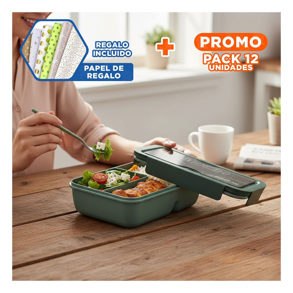 PACK12 DEPÓSITO HERMÉTICO 850ML CON CUBIERTOS VERDE PARA GUARDAR ALIMENTOS Y+PAPEL REGALO - 1