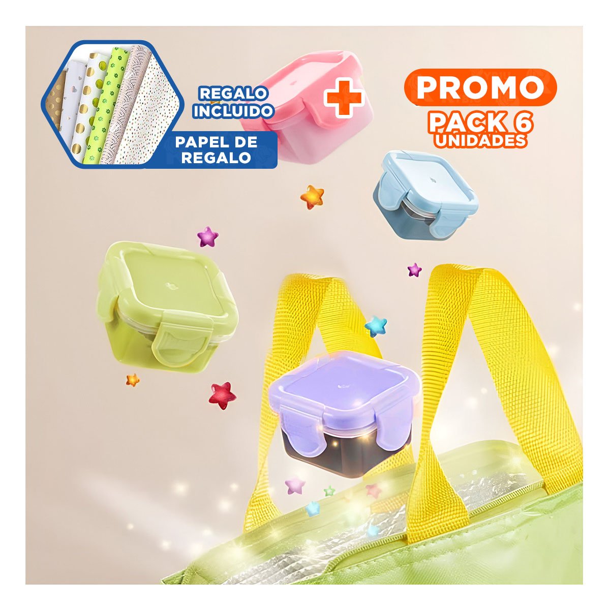PACK6 POTES MINI CON SEGURO 4 PIEZAS MULTICOLOR 7X4CM PARA GUARDAR SNACKS Y+PAPEL REGALO - 1