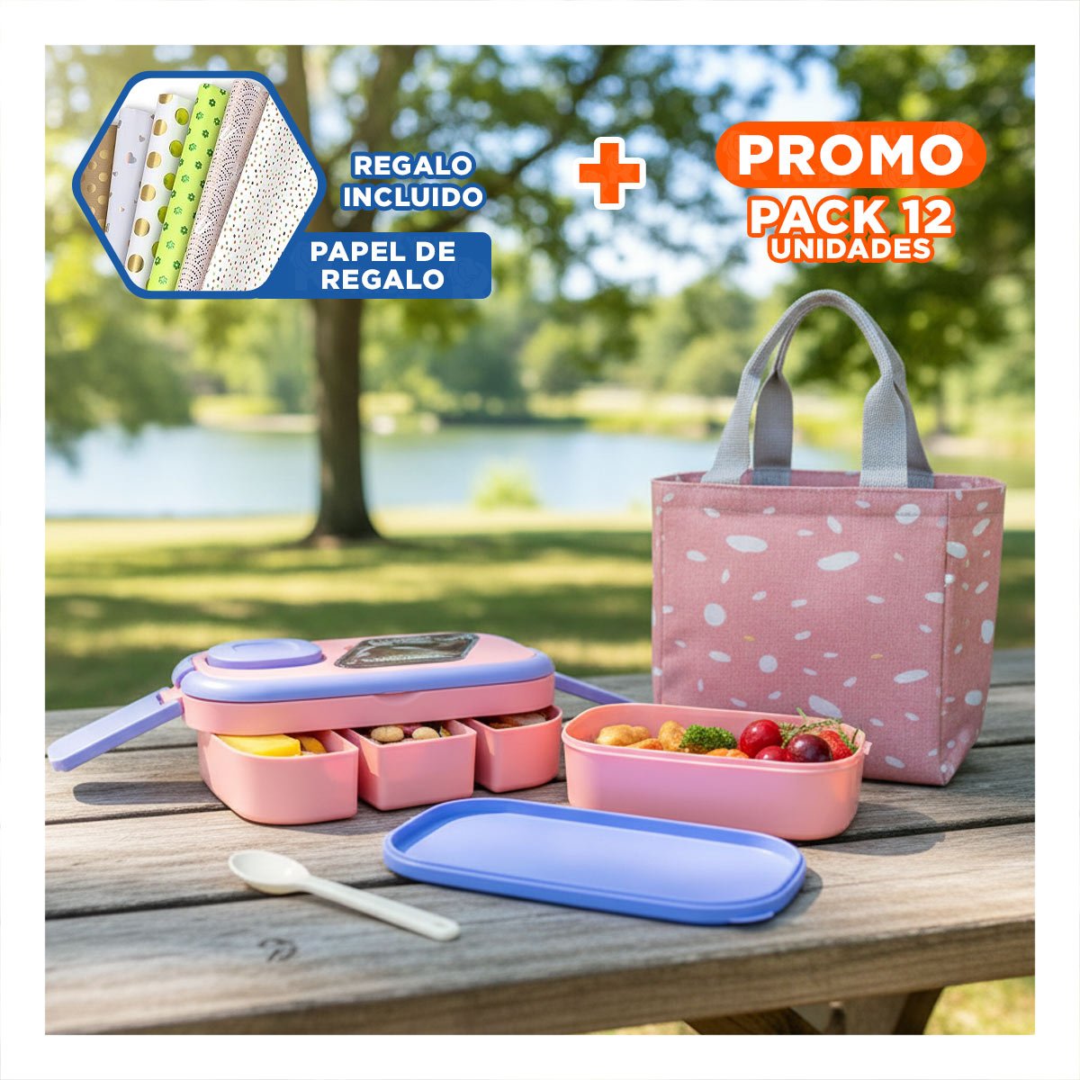 PACK12 DEPÓSITO PORTÁTIL CON CUBIERTOS 2 PISOS ROSADO Y LILA PARA PICNIC Y+PAPEL REGALO - 1