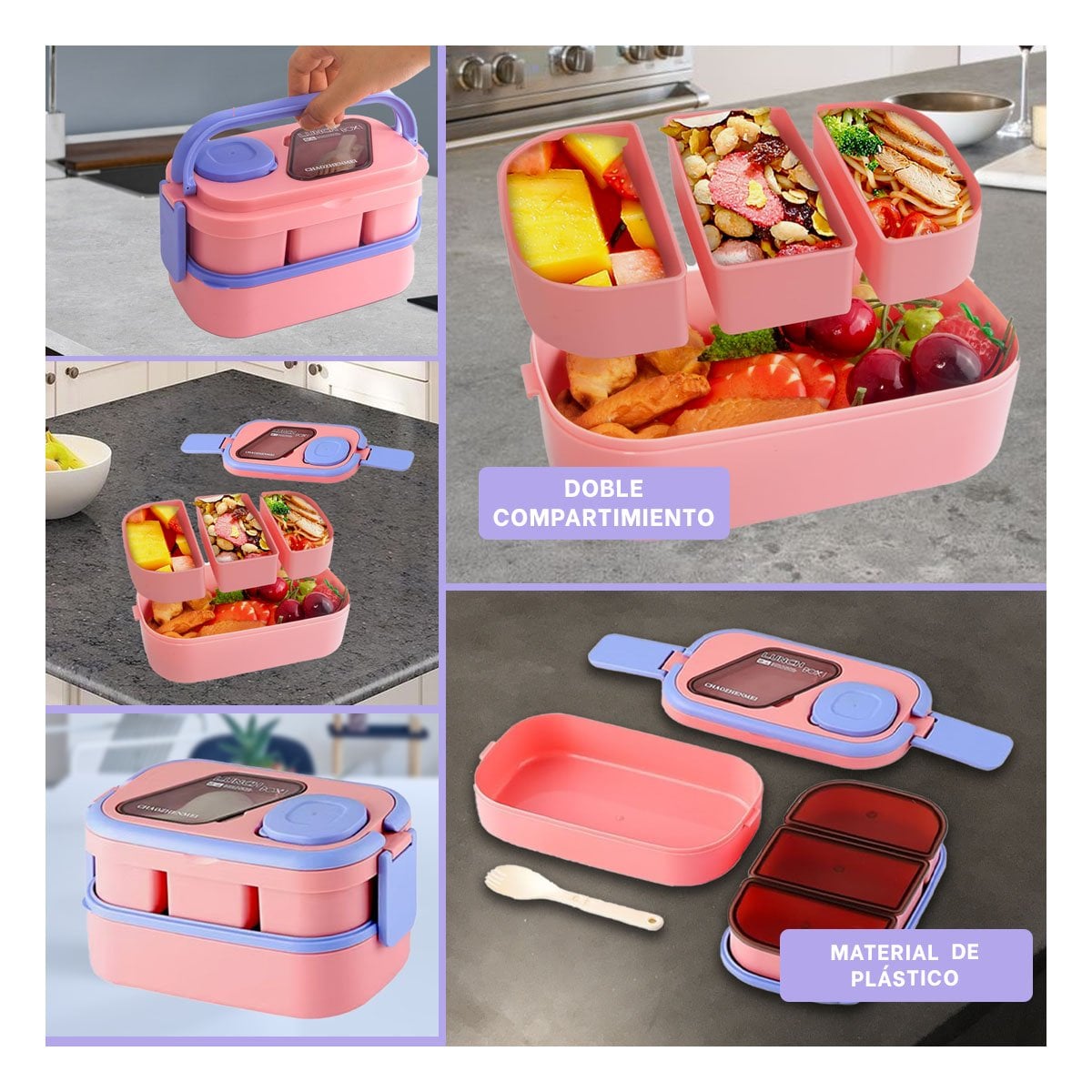 PACK12 DEPÓSITO PORTÁTIL CON CUBIERTOS 2 PISOS ROSADO Y LILA PARA PICNIC Y+PAPEL REGALO - 2